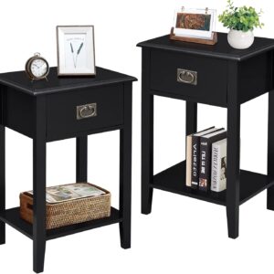 VECELO Nightstands Set of 2, Side End Table Living Room Bedroom Bedside, Vintage Accent Furniture Small Space, Solid Wood Legs, One Drawer, Black