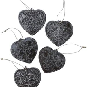 Veve Symbol Metal Heart Ornaments, 2.5″ Set of 5 Veve Design Hearts, Haitian Metal, Upcycle Eco-Friendly Gifts