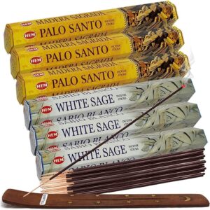 White Sage Incense Sticks and Hem De Palo Santo Incense Sticks with Incense Holder Bundle for Smudging Smudge kit Natural Inciensos Aromaticos Home Fragrance