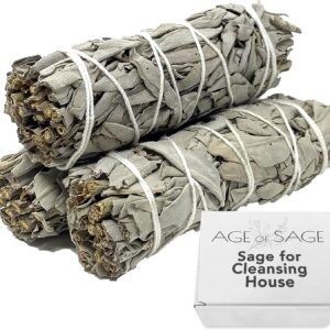 White Sage Smudge Sticks 4″ Long – Stress Relief Dried Sage Incense Sticks – Burning Sage Sticks Bundle for Cleansing House Negative Energy – Hand Wrapped White Sage Incense Sticks – 3pk