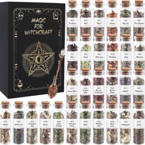 Witchcraft Supplies Herbs – 30 Bottles Dried Herbs Kit for Beginners – Altar Supplies Healing Herbal Natural Herbs Crystal Spoon for Wicca, Pagan Magic Spells and Bath