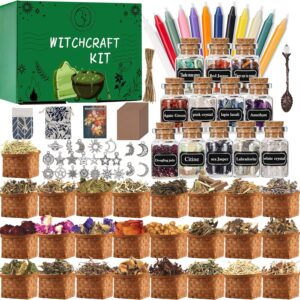 Witchcraft Supplies Kit 110 PCS, Aberer Beginner Witchcraft Kit for Altar Supplies,Wiccan Supplies and Gifts- Crystal Jars, Dried Herbs, Colored Candles, Spiritual Items for Witch Spells Altar Decor