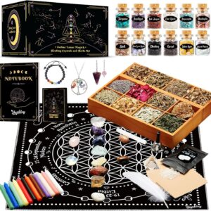 Witchcraft Supplies Kit, 80Pack Witch Starter Kit Wiccan Supplies and Tools Witchy Gifts for Beginners, Spell Candles, Chakra Healing Crystals and Dried Herbs for Zodiac and Lunar Magick