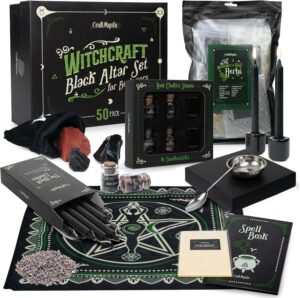 Witchcraft Supplies Wiccan Tools for Beginners – 50 Set Witchy Gifts Starter Kit Box – Crystals for Witchcraft Dried Herbs Spell Jars Candles – Spiritual Altar Witch Stuff for Pagan Gothic Room Decor