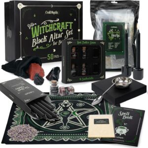 Witchcraft Supplies Wiccan Tools for Beginners – 50 Set Witchy Gifts Starter Kit Box – Crystals for Witchcraft Dried Herbs Spell Jars Candles – Spiritual Altar Witch Stuff for Pagan Gothic Room Decor