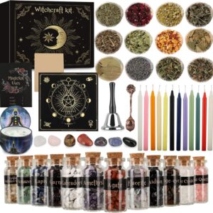 Witchcraft Supplies and Tools Kit, 60 PCS, Include Dried Herb, Crystal Jars, Colored Candles, Witch Bell, Parchment, Witchy Gifts, Witch Starter Kit Altar Supplies Pagan Decor Rituals, Rose Scent