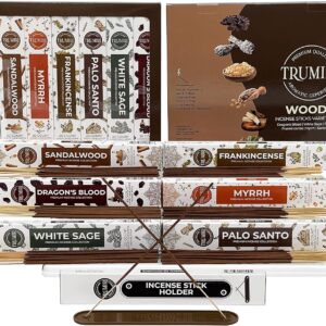 Woody Incense Sticks Variety Pack – 120 Insence-Sticks (6 Incents x 20 Insense) – White Sage Palo Santo Dragons Blood Sandalwood – Natural Inscents-Sticks Non Toxic Cleansing Incienso + Burner Holder