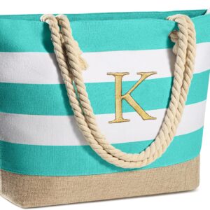 YOOLIFE Initial Canvas Waterproof Beach Tote Bag Zipper Personalized Gifts for Women Her Birthday Travel Beach Essential