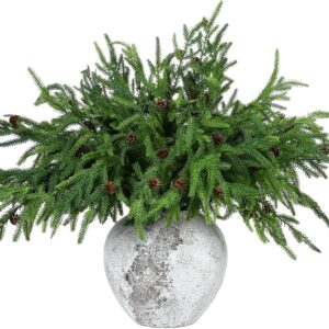 Yinder Xmas Norfolk Pine Branches with Pine Cones Norfolk Pine Artificial Xmas Branches for Xmas Indoor Outdoor Home Decor(6 Pcs)