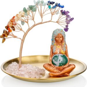 ZenBless Crystals Tree,7 Chakra Healing Crystals Tree Gaia Te Fiti Storage Tray Yoga Meditation Zen Home Decor Set Figurine Ornament Decoration Feng Shui Wealth Luck (Mother Earth Statue_Gold Tray)