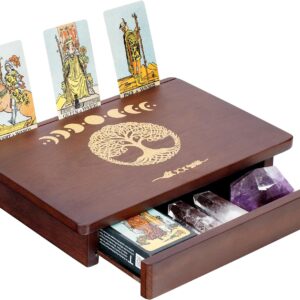 ZenBless Wooden Altar Table with Tarot Card Holder, Little Meditation Table with 1 Drawer, Moon Phases and Tree of Life Witch Altar Table Meditation Room Decor, Wiccan Supplies and Tools,12″ x 8″