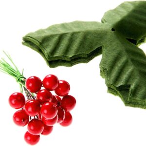 dophee 50 Pack Artificial Red Berry Stems and 50 Pack Green Leaves, Christmas Holly Berry Branches for Party Holiday Home Decoration and DIY Garland and Wreath Ornaments