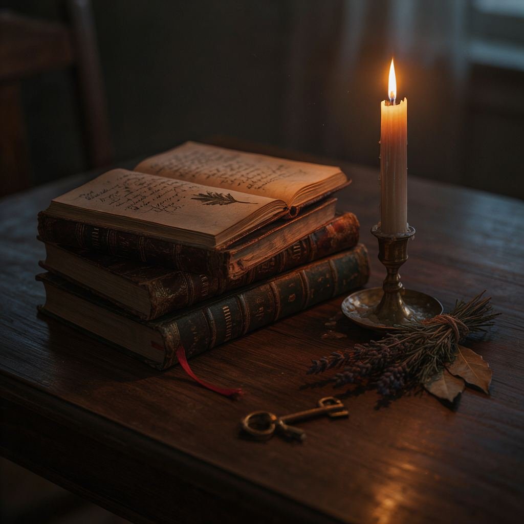A stack of old leather-bound witchcraft books on a wooden table with a lit candle and dried herbs nearby, moody warm...