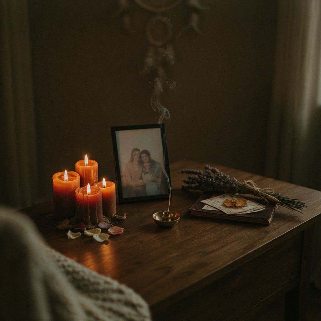 A framed family photo on a home ancestor altar surrounded by lit candles and dried lavender