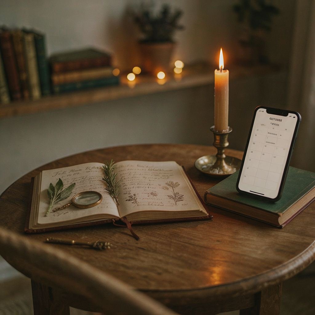 A leather grimoire journal open beside a candle and a phone on a home altar table