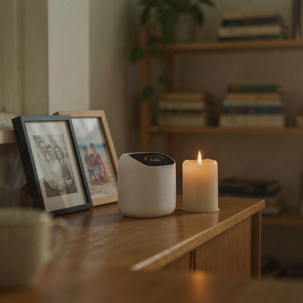 A small smart device can sit comfortably beside the photos it accompanies.